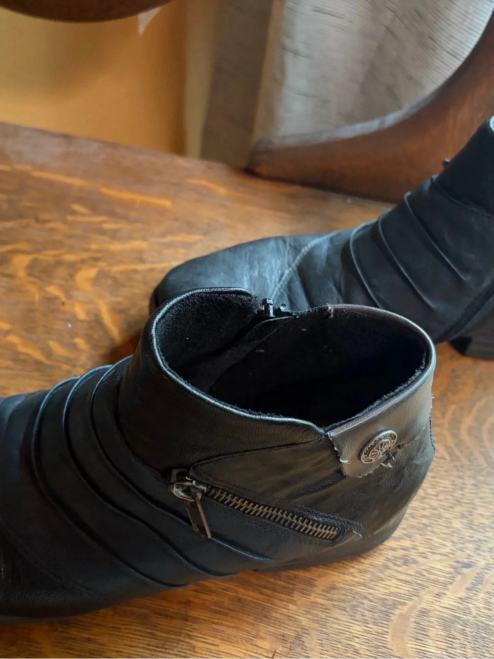 Dark Blue and Black Leather Ankle Boots by Remonte, Brown Detail and Side Zipper